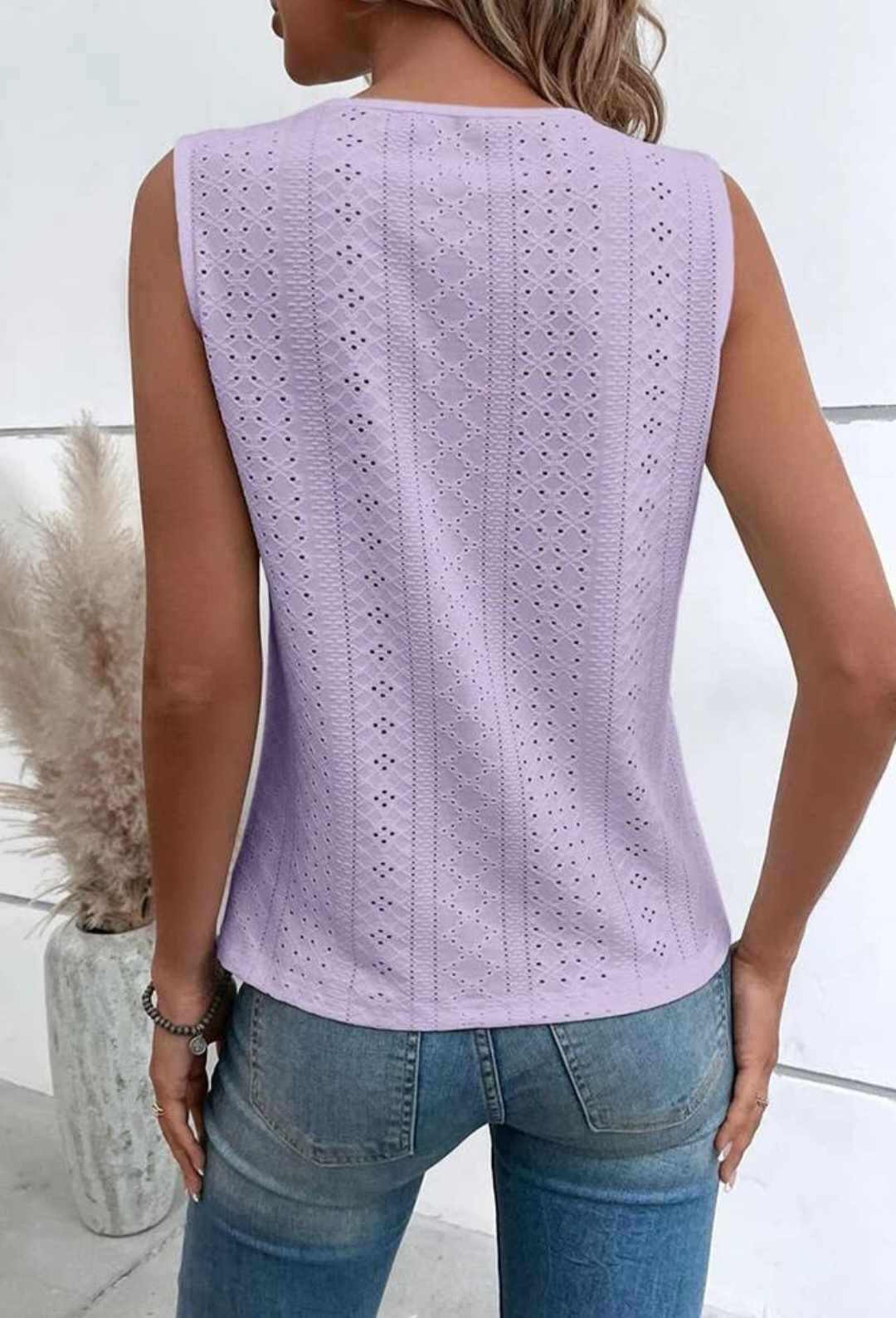 Light Purple Sleeveless V neck Jacquard Eyelet Top