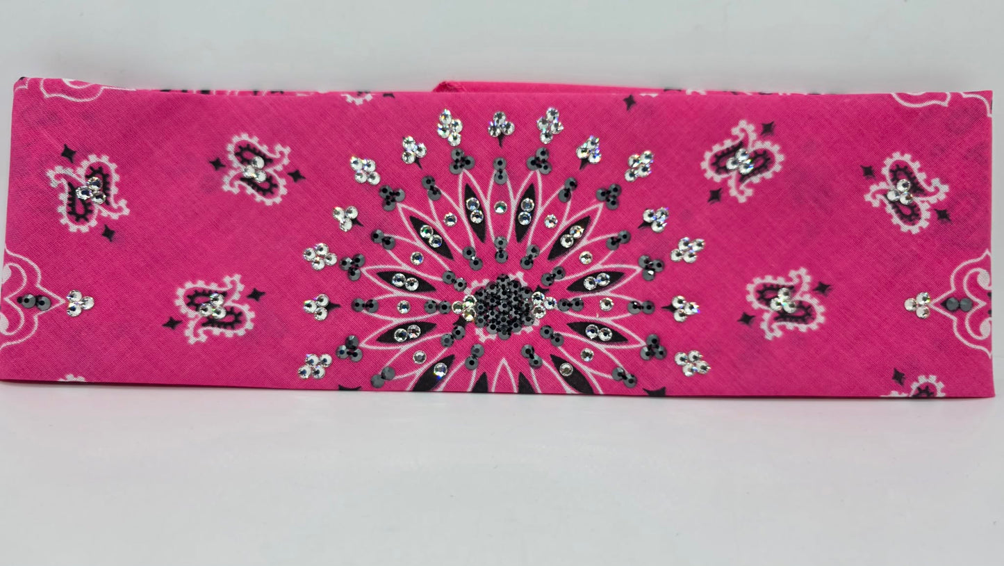 Pink Paisley Bandana with Black and Diamond Clear Austrian Crystals (E60132)