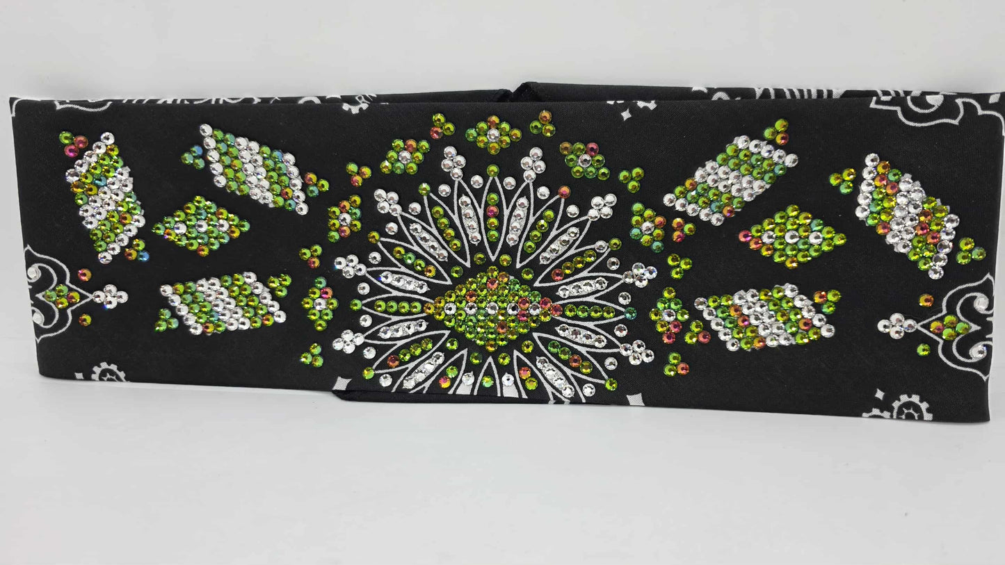 Super LeeAnnette Black Paisley Bandana with Vitrail and Diamond Clear Austrian Crystals (Sku4488)