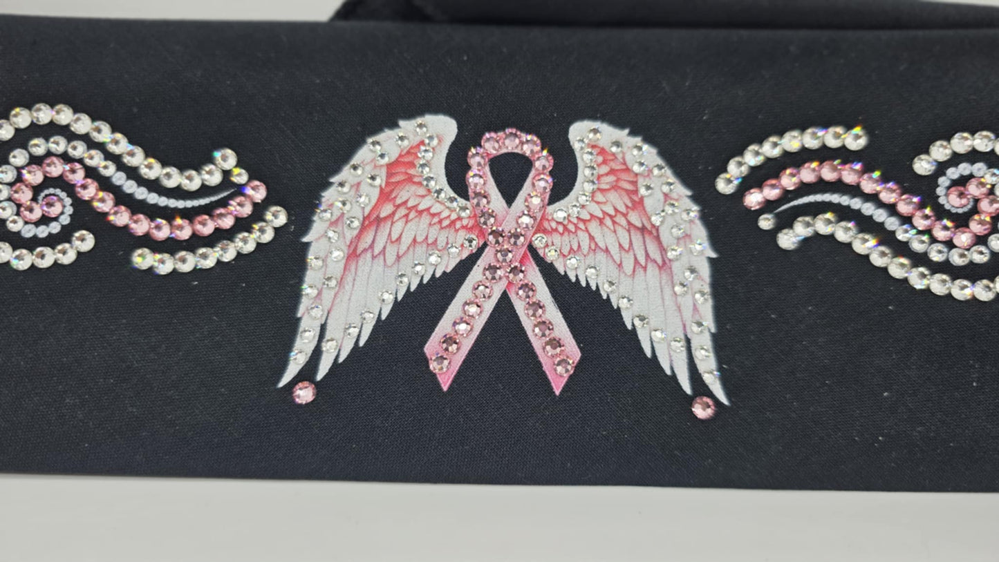 EXTRA BLING - Pink Ribbon with Wings Bandana with Pink and Diamond Clear Austrian Crystals (sku6385)