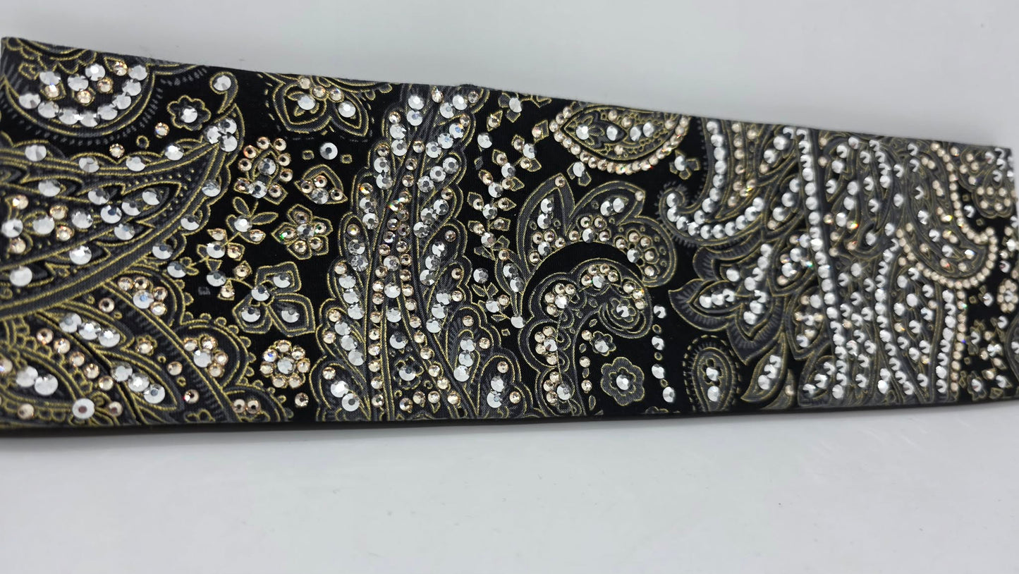 Super LeeAnnette Grey and Gold Paisley on Black Bandana with Chrome and Honey Austrian Crystals (S48127)