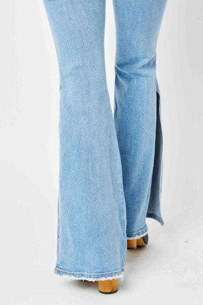 Rally Judy Blue Full Size Mid Rise Raw Hem Slit Flare Jeans