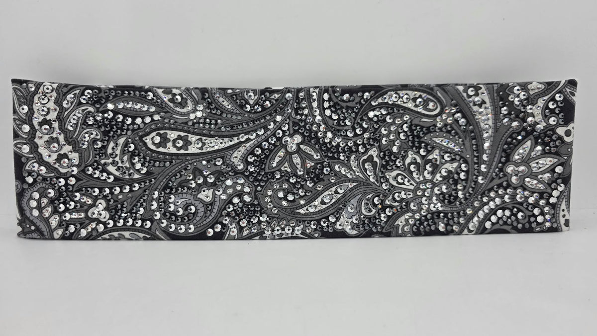 Super Duper LeeAnnette Large Black and White Paisley Bandana with Black and Diamond Clear Austrian Crystals (D49514)