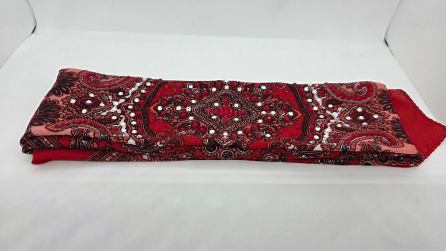 Long Red Scarf with Red and Diamond Clear Austrian Crystals (LS30005)