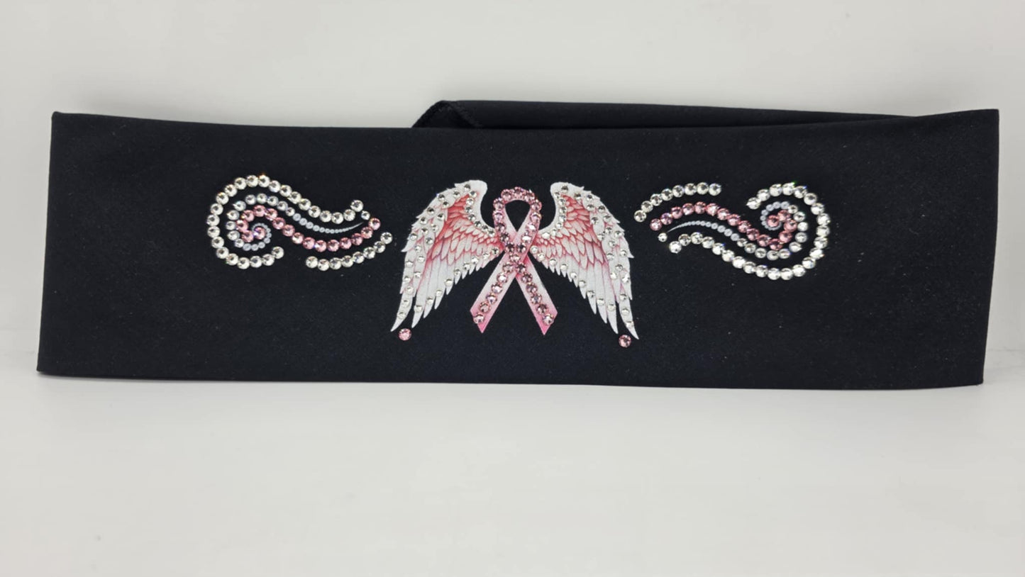 EXTRA BLING - Pink Ribbon with Wings Bandana with Pink and Diamond Clear Austrian Crystals (sku6385)