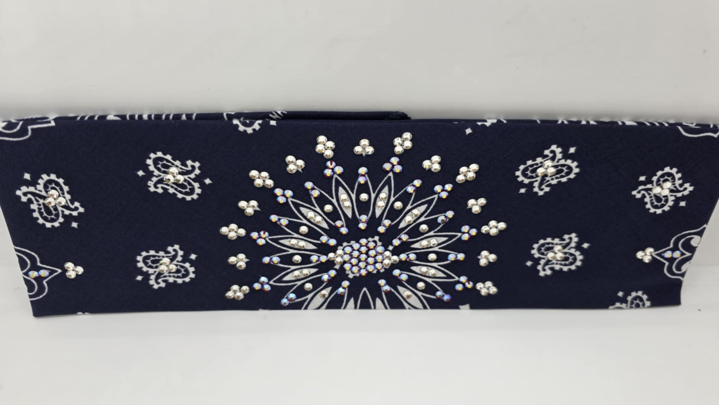 EXTRA BLING - Navy Paisley Bandana with Red Shimmer and Diamond Clear Austrian Crystals (sku6393)