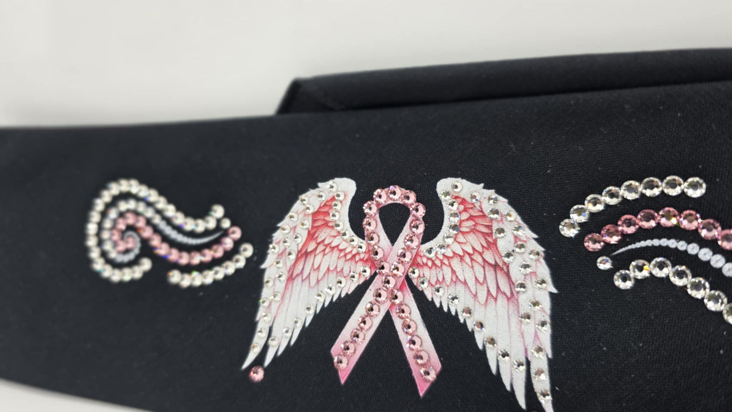 EXTRA BLING - Pink Ribbon with Wings Bandana with Pink and Diamond Clear Austrian Crystals (sku6385)