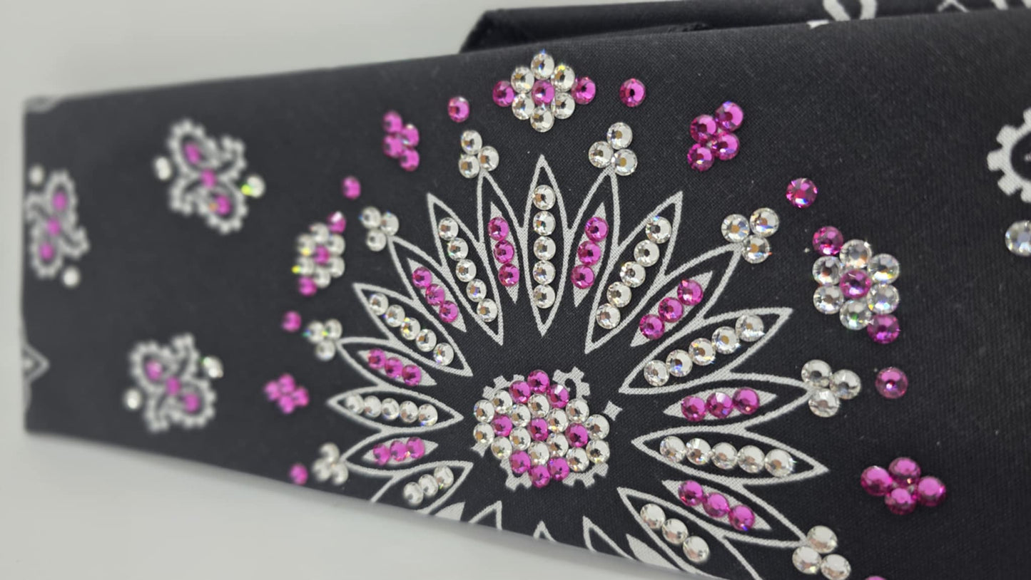 EXTRA BLING - Black Paisley Bandana with Bright Pink and Diamond Clear Austrian Crystals (sku6398)