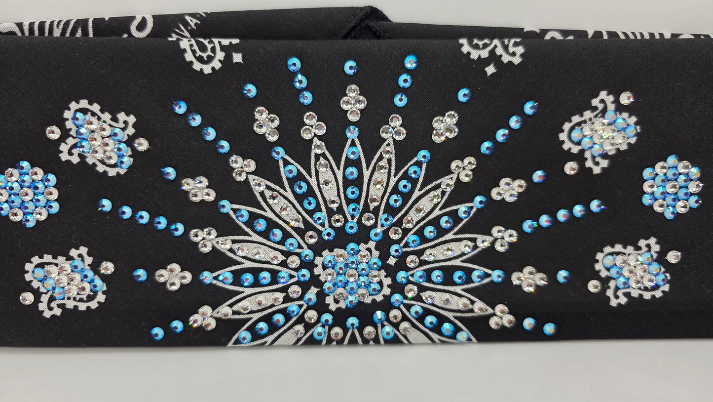LeeAnnette Black Paisley Bandana with Blue Shimmer and Diamond Clear Austrian Crystals (L40207)
