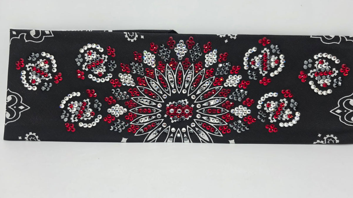 Super LeeAnnette Black Paisley Bandana with Red, Black and Diamond Clear Austrian Crystals (S48181)