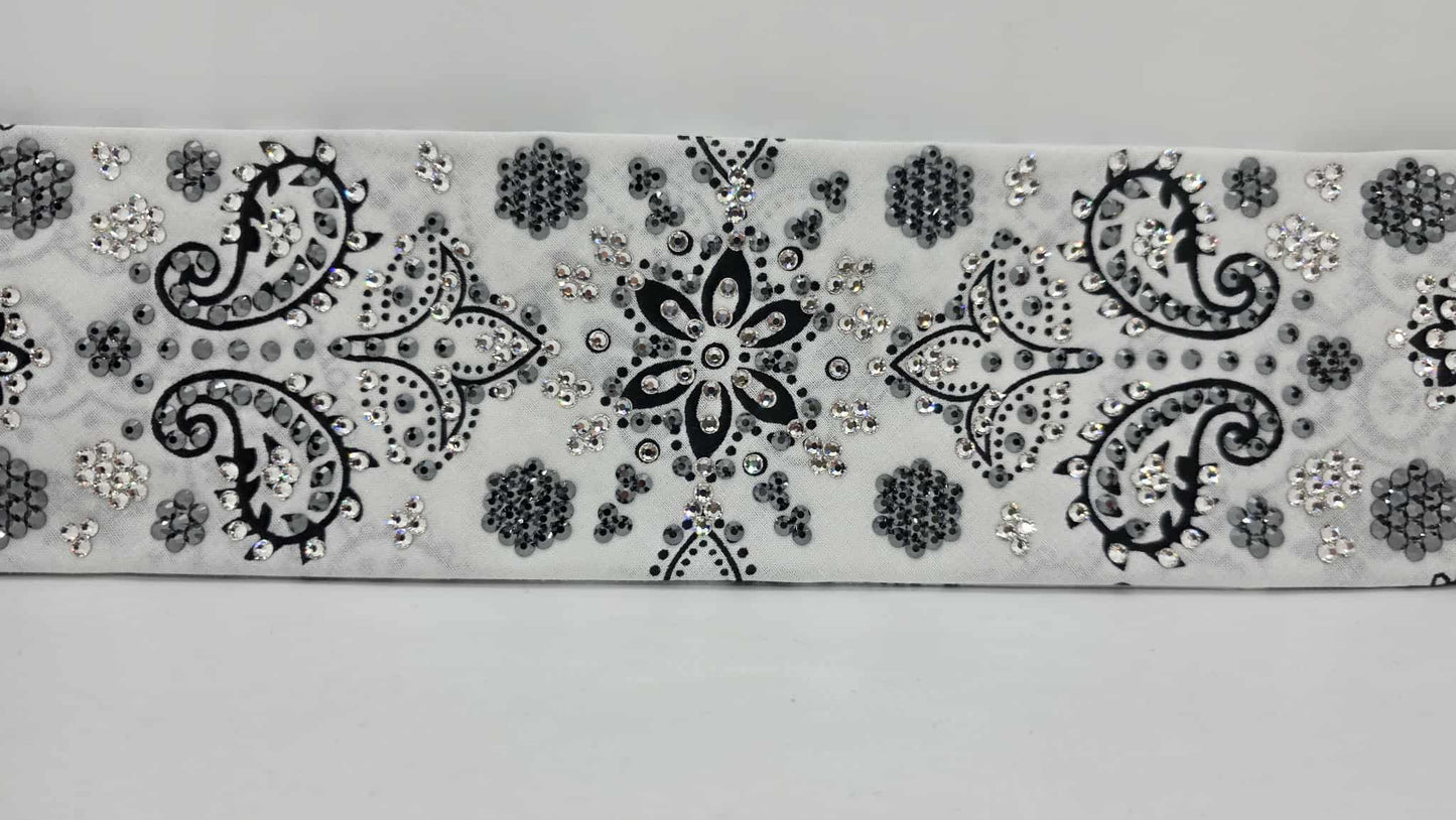 Super LeeAnnette White Black Flower Bandana with Black and Diamond Clear Austrian Crystals (sku40106)