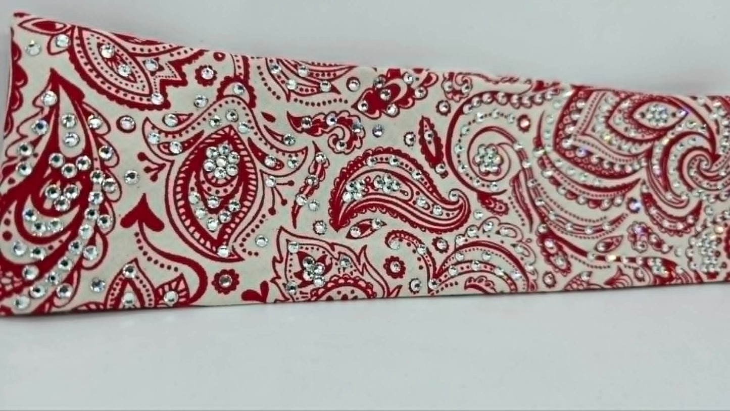 LeeAnnette Red on Cream Paisley Bandana with Diamond Clear Austrian Crystals (L40239)