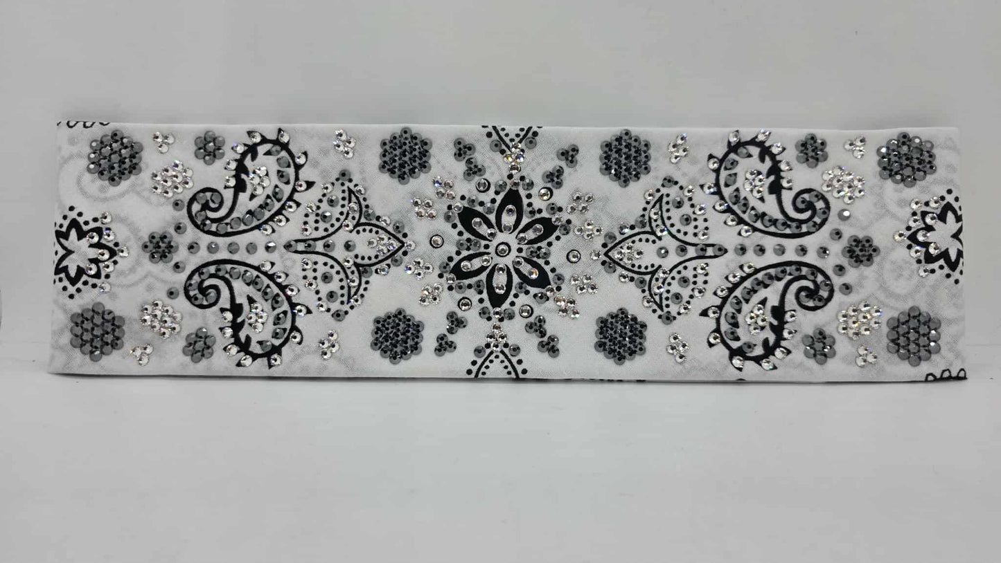 Super LeeAnnette White Black Flower Bandana with Black and Diamond Clear Austrian Crystals (sku40106)