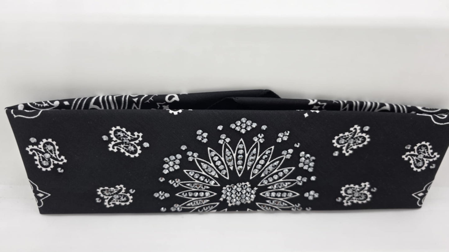 EXTRA BLING - Black Paisley Bandana with Black Austrian Crystals (sku6396)