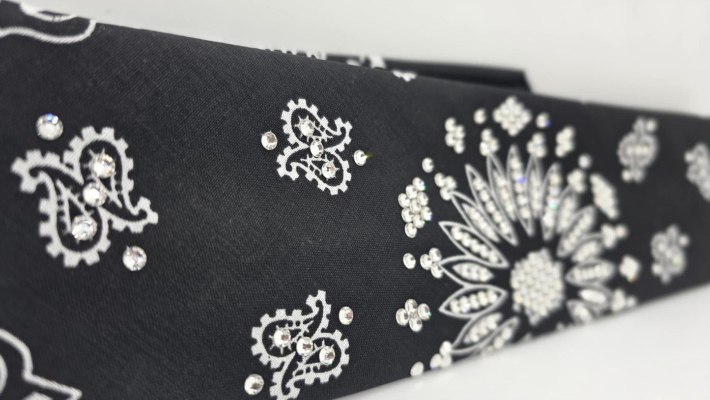 EXTRA BLING - Black Paisley Bandana with Diamond Clear Austrian Crystals (sku6397)