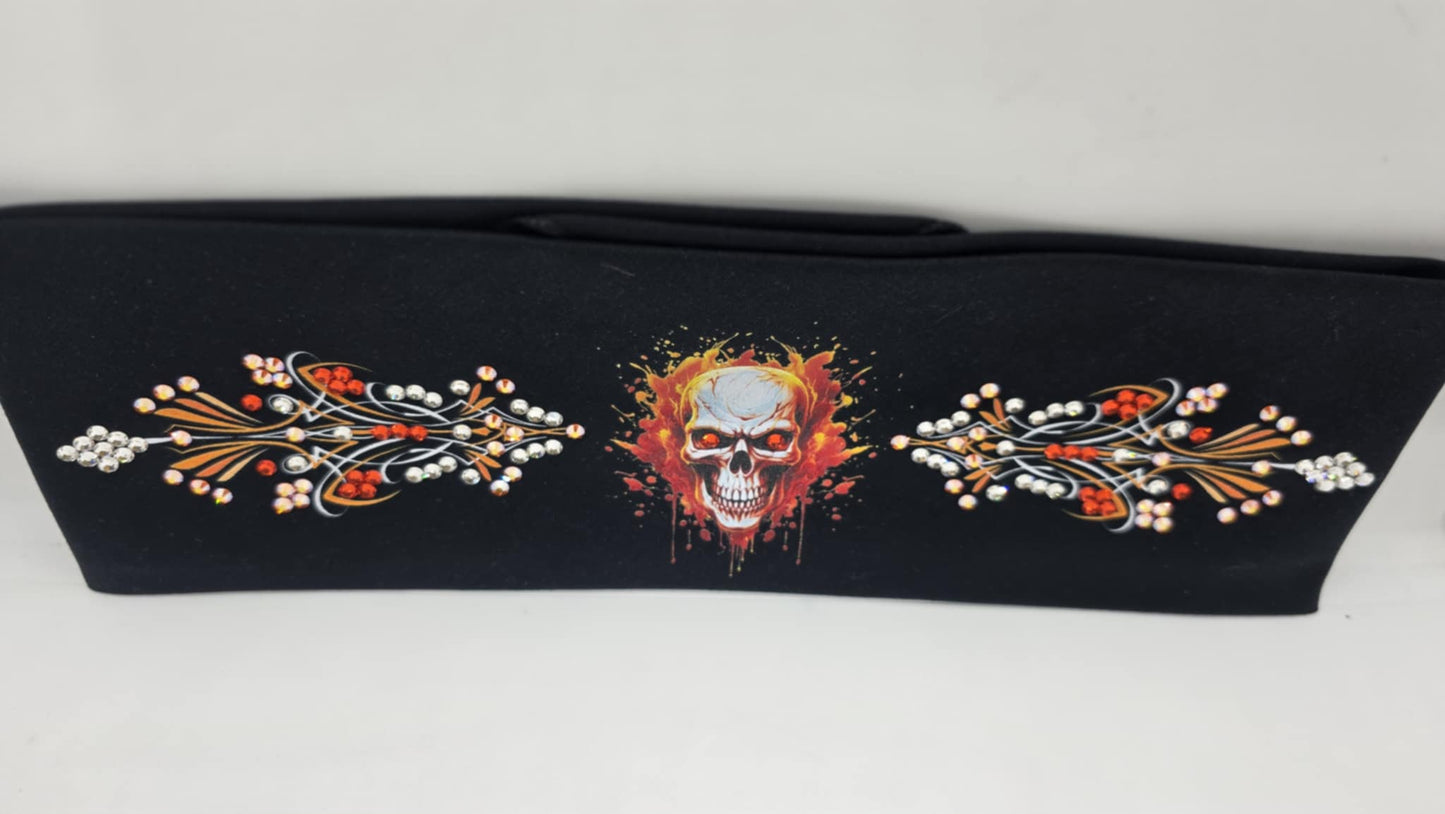 EXTRA BLING - Orange Skull and Pinstripes Bandana with Orange, Orange Shimmer and Diamond Clear Austrian Crystals (sku6379)