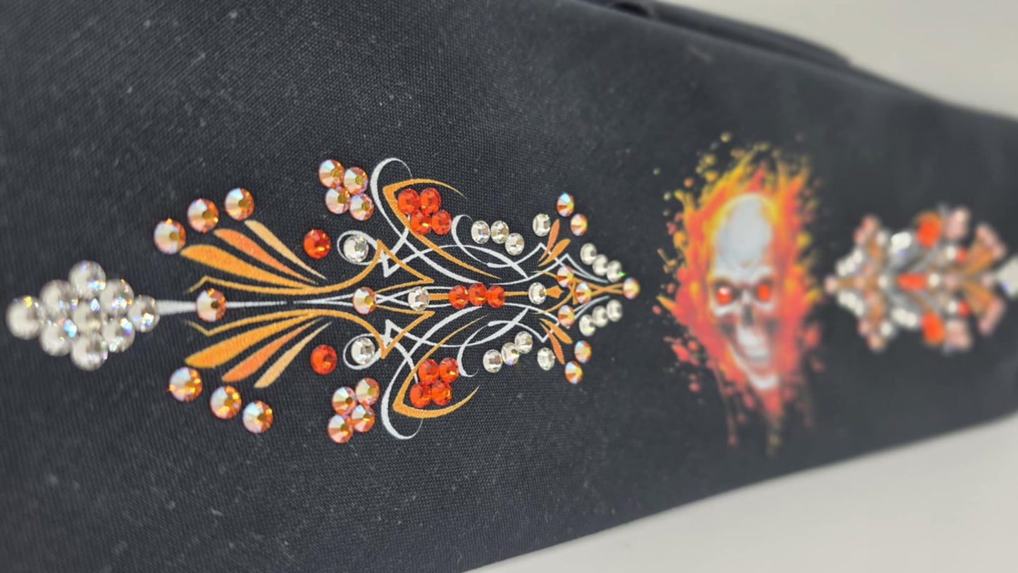 EXTRA BLING - Orange Skull and Pinstripes Bandana with Orange, Orange Shimmer and Diamond Clear Austrian Crystals (sku6379)