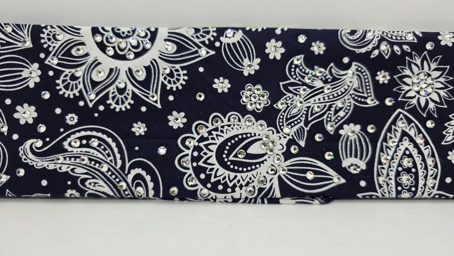 White on Navy Bandana with Diamond Clear Austrian Crystals (E60128)