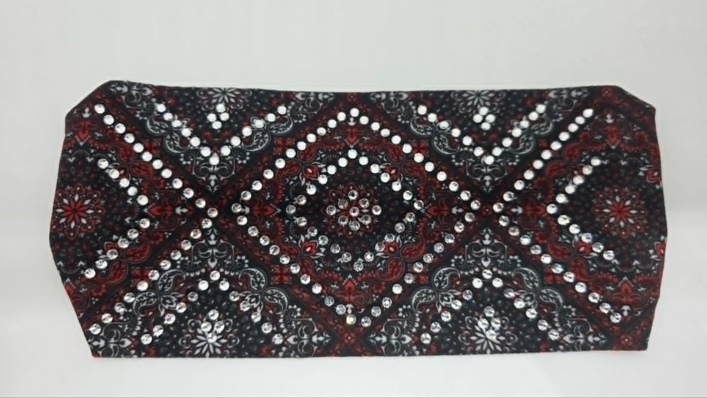 Stretchy Headband Red and Grey Paisley with Clear Crystals (Sku5479)