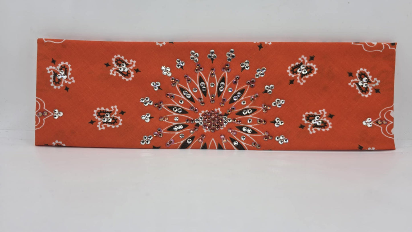 EXTRA BLING - Orange Paisley Bandana with Lava and Diamond Clear Austrian Crystals (sku6392)