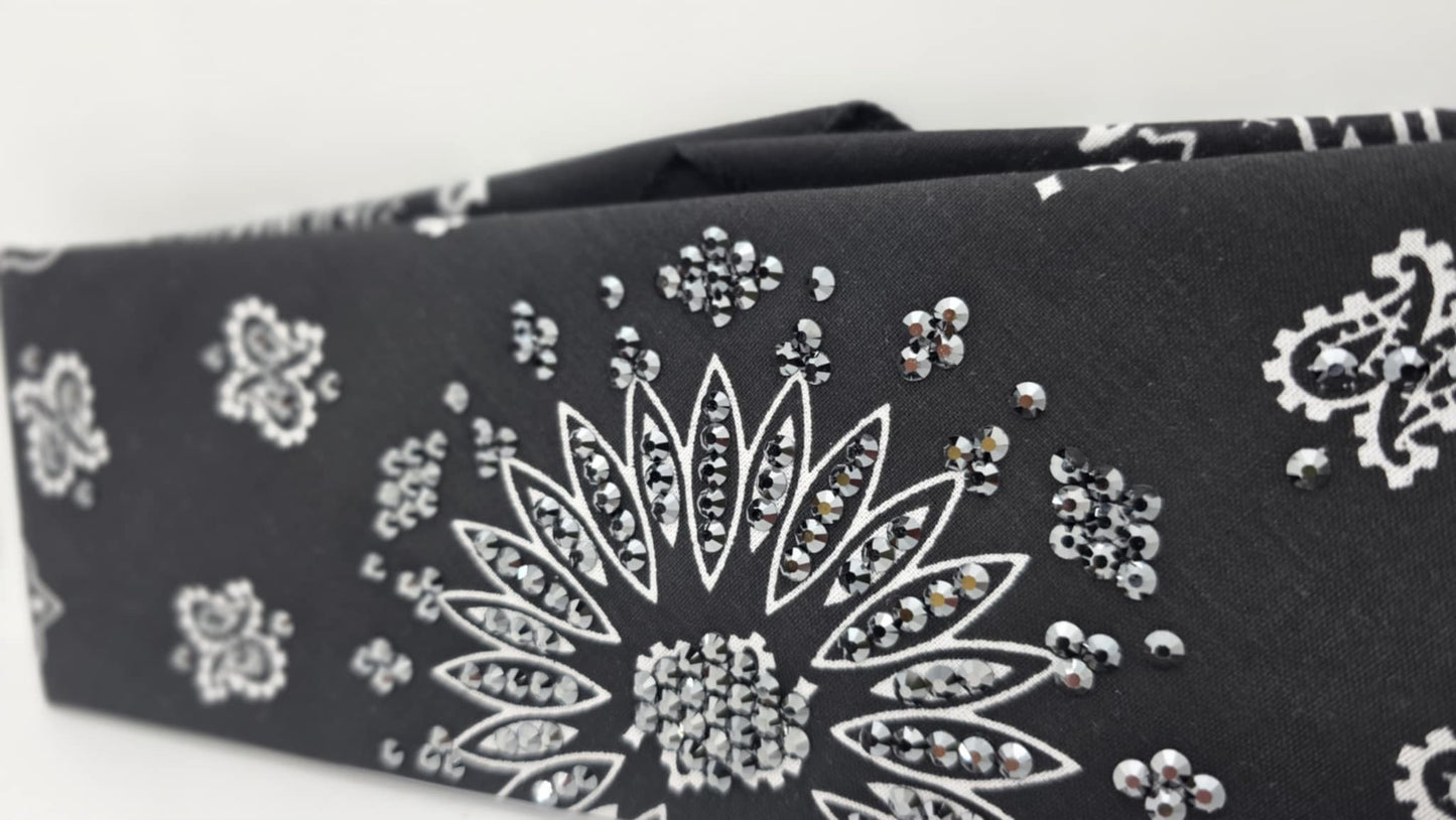 EXTRA BLING - Black Paisley Bandana with Black Austrian Crystals (sku6396)