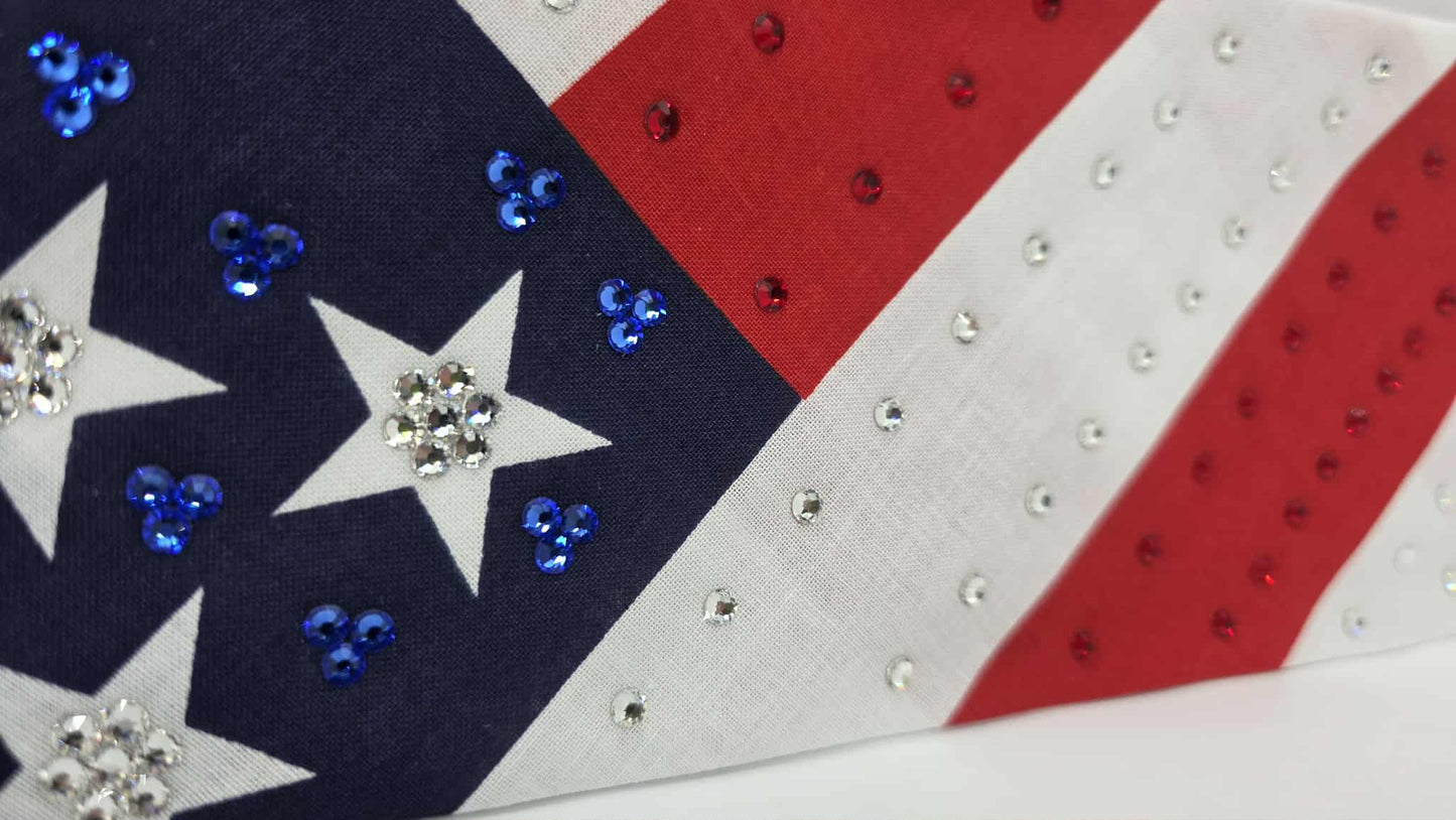 EXTRA BLING - Stars and Strips Bandana with Red, Blue and Diamond Clear Austrian Crystals (sku6400)
