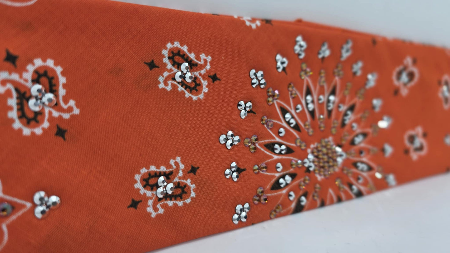 EXTRA BLING - Orange Paisley Bandana with Lava and Chrome Austrian Crystals (sku6391)