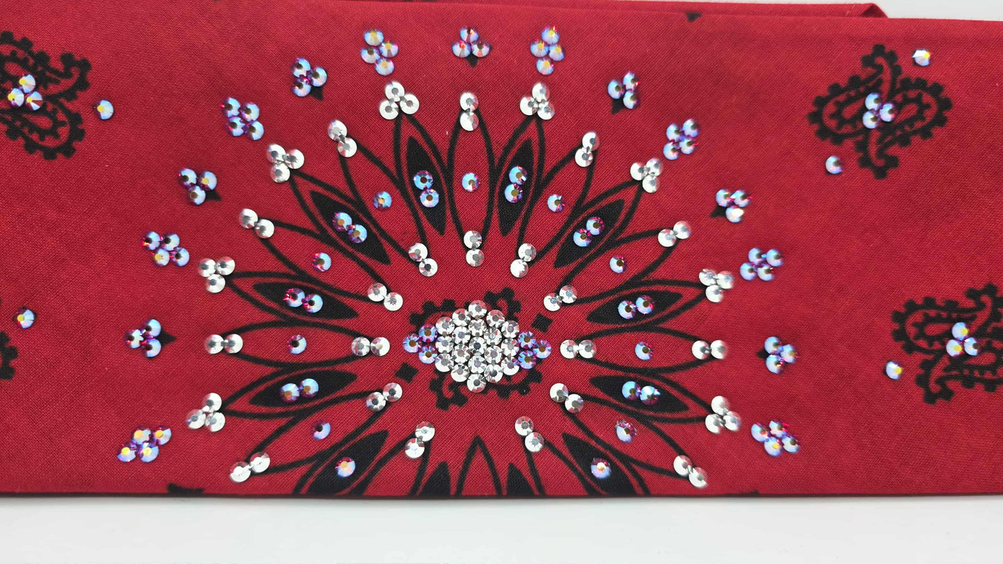 EXTRA BLING - Large Red Paisley Bandana with Red Shimmer and Chrome Austrian Crystals (sku6410)