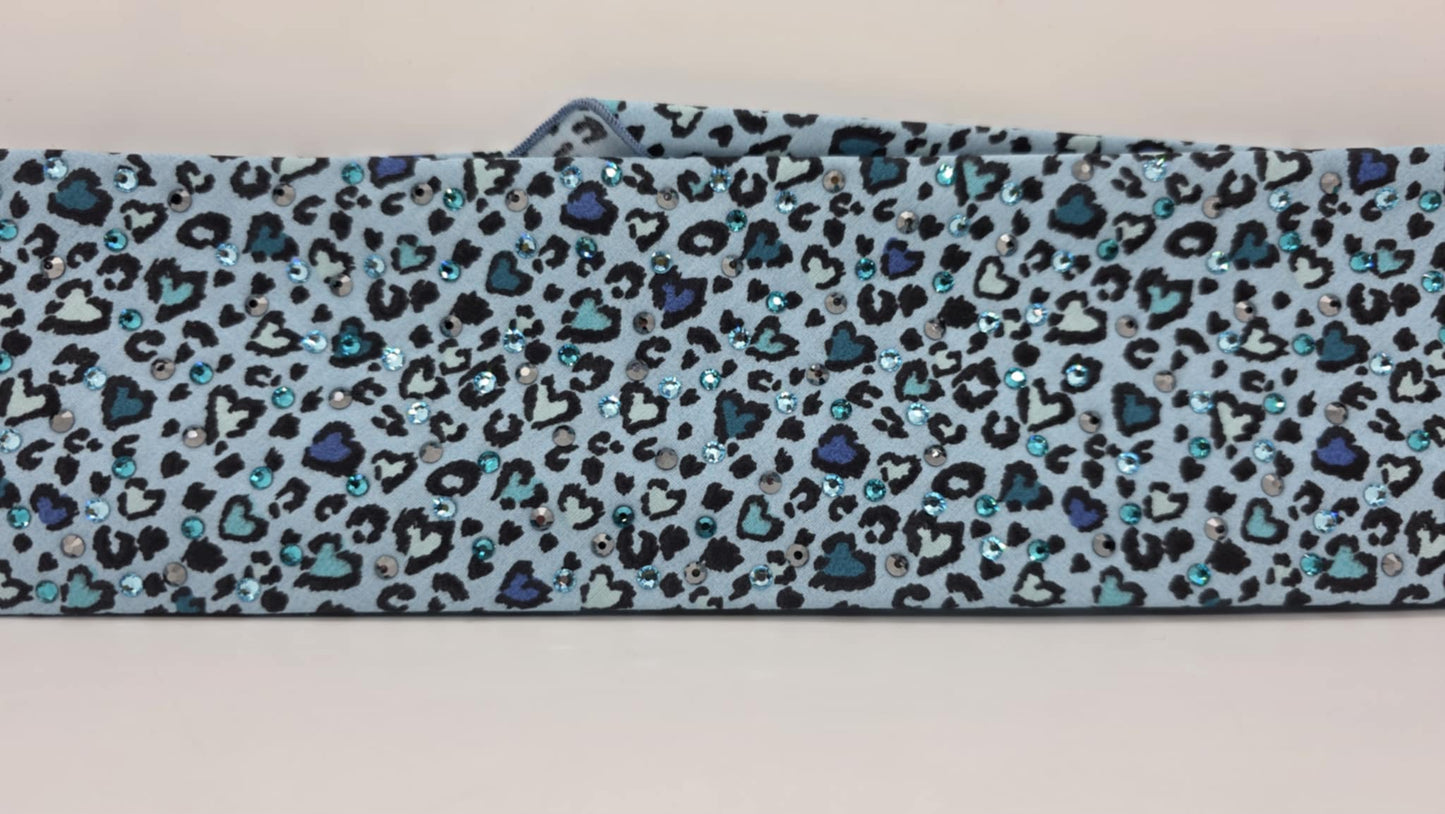 EXTRA BLING - Blue Leopard Hearts Bandana with Light Blue, Bright Blue and Black Austrian Crystals (sku6395)