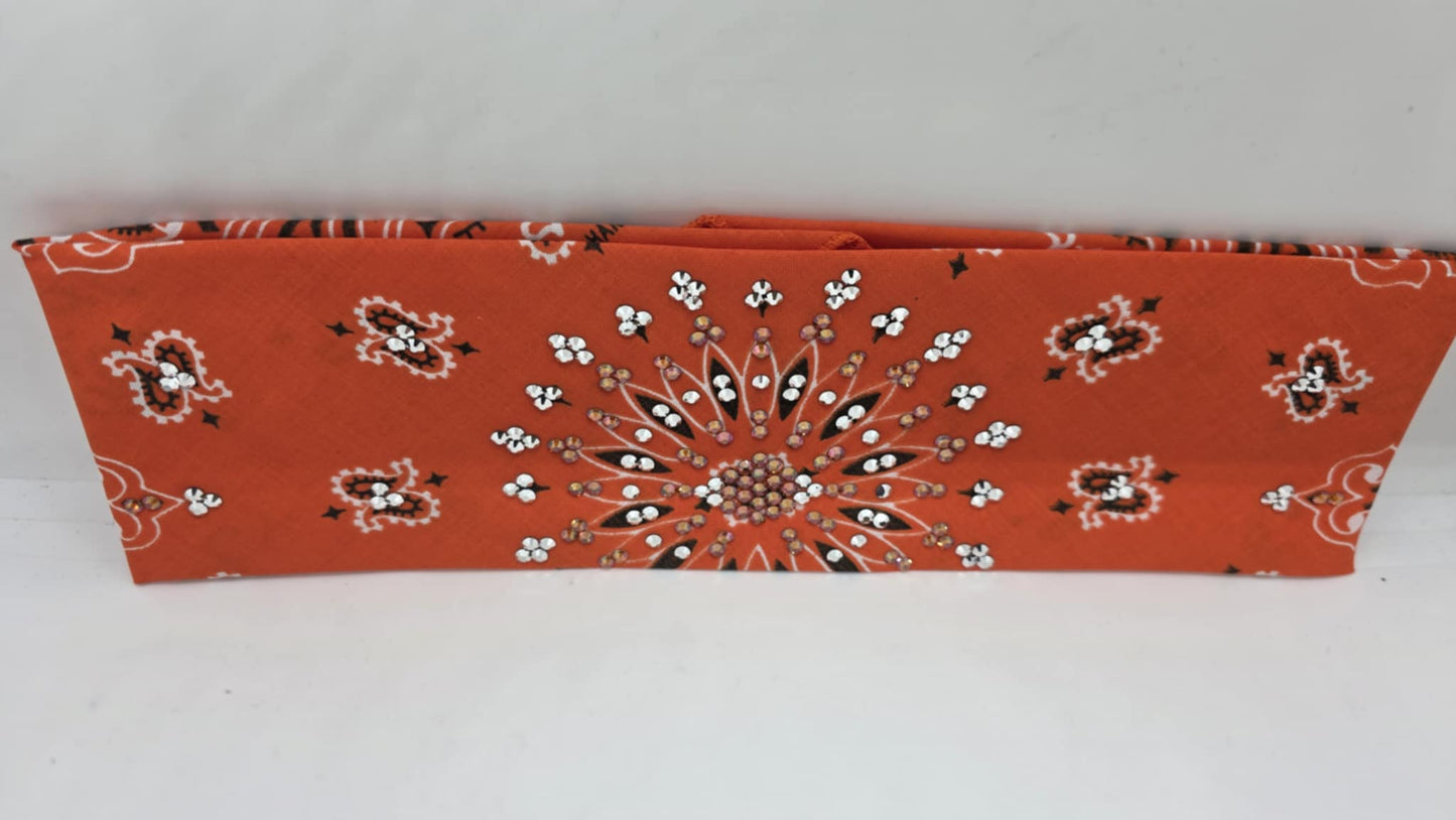 EXTRA BLING - Orange Paisley Bandana with Lava and Chrome Austrian Crystals (sku6391)