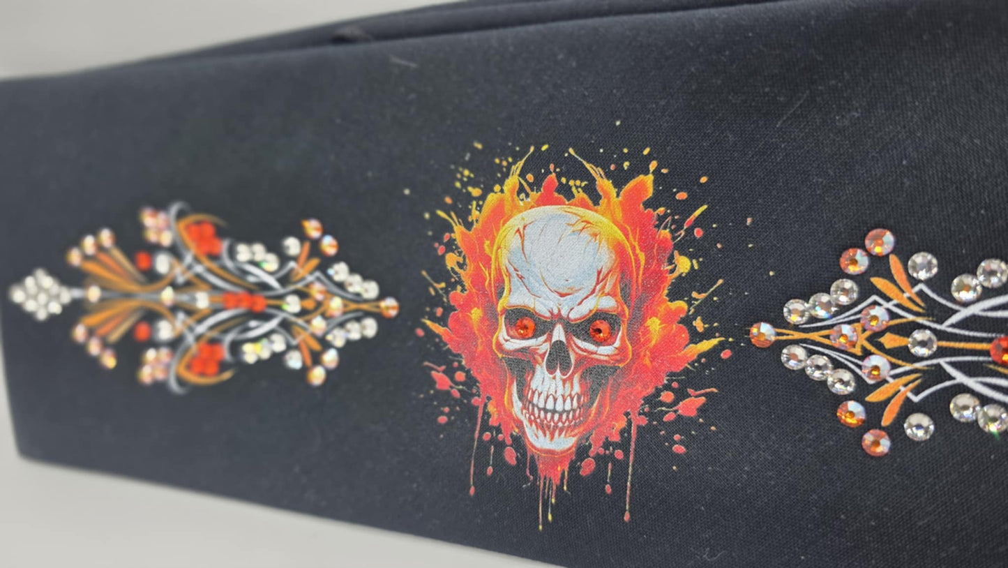EXTRA BLING - Orange Skull and Pinstripes Bandana with Orange, Orange Shimmer and Diamond Clear Austrian Crystals (sku6379)