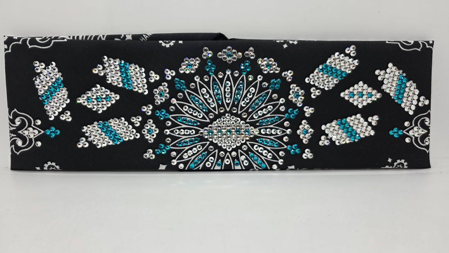 Super LeeAnnette Black Paisley Bandana with Chrome, Bright Blue and Diamond Clear Austrian Crystals (S48114)