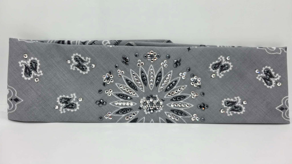 Silver Paisley Bandana with Black and Diamond Clear Austrian Crystals (E60166)