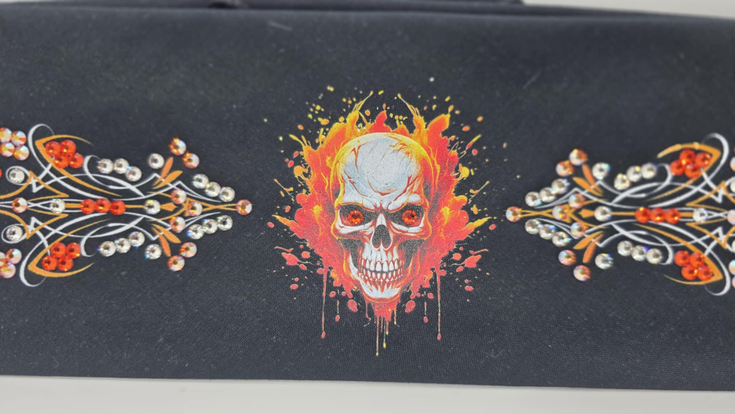 EXTRA BLING - Orange Skull and Pinstripes Bandana with Orange, Orange Shimmer and Diamond Clear Austrian Crystals (sku6379)
