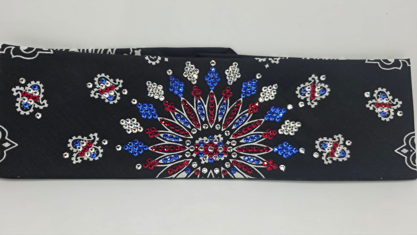 LeeAnnette Black Paisley Bandana with Red, Blue and Diamond Clear Austrian Crystals (L40261)