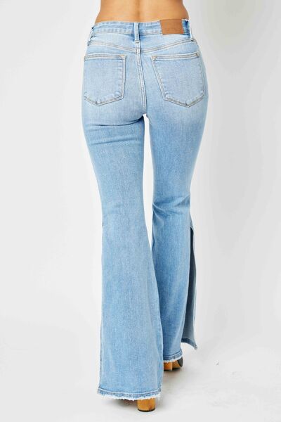 Rally Judy Blue Full Size Mid Rise Raw Hem Slit Flare Jeans