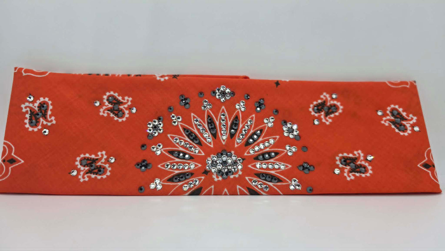 Orange Paisley Bandana with Black and Diamond Clear Austrian Crystals (E60153)