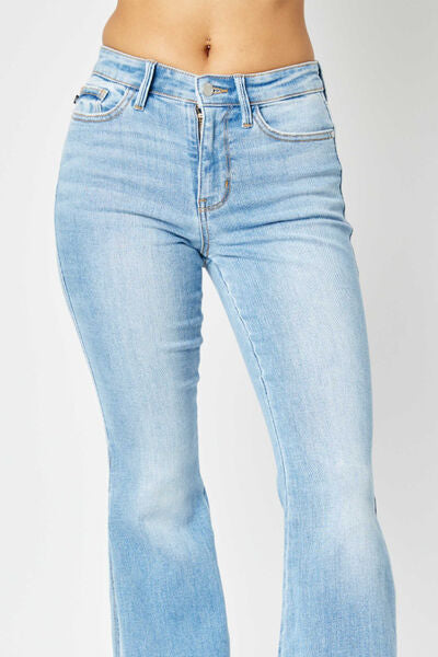 Rally Judy Blue Full Size Mid Rise Raw Hem Slit Flare Jeans