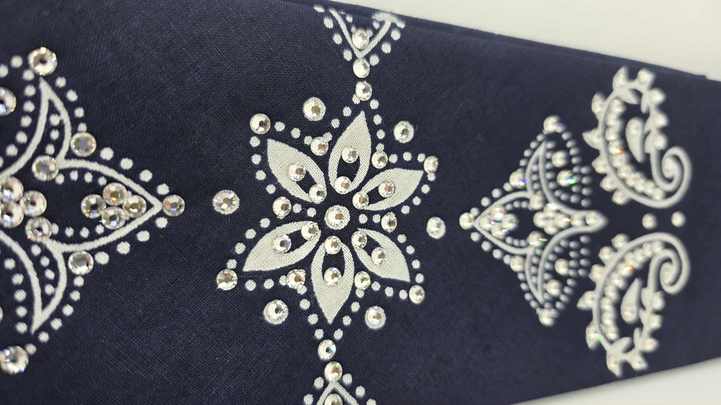 EXTRA BLING - Large Navy Blue Flower Bandana with Diamond Clear Austrian Crystals (sku6415)