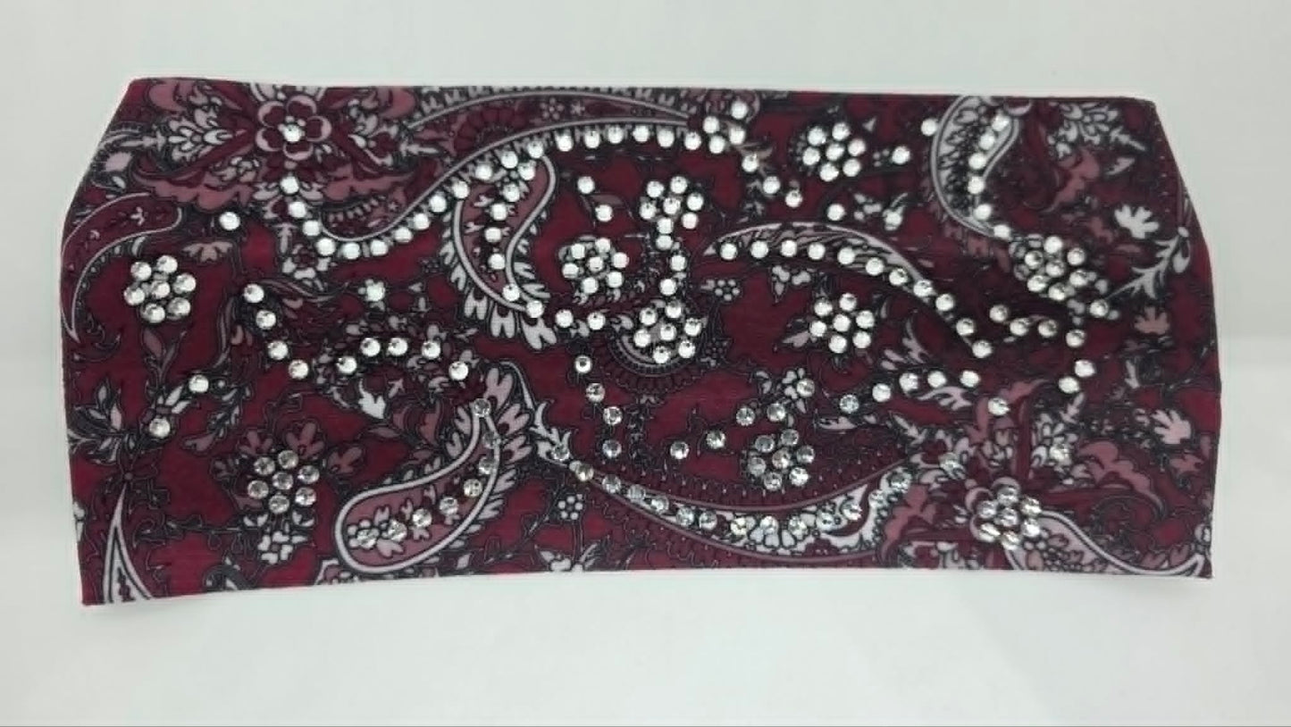 Stretchy Headband Wine Paisley with Clear Crystals (Sku5477)