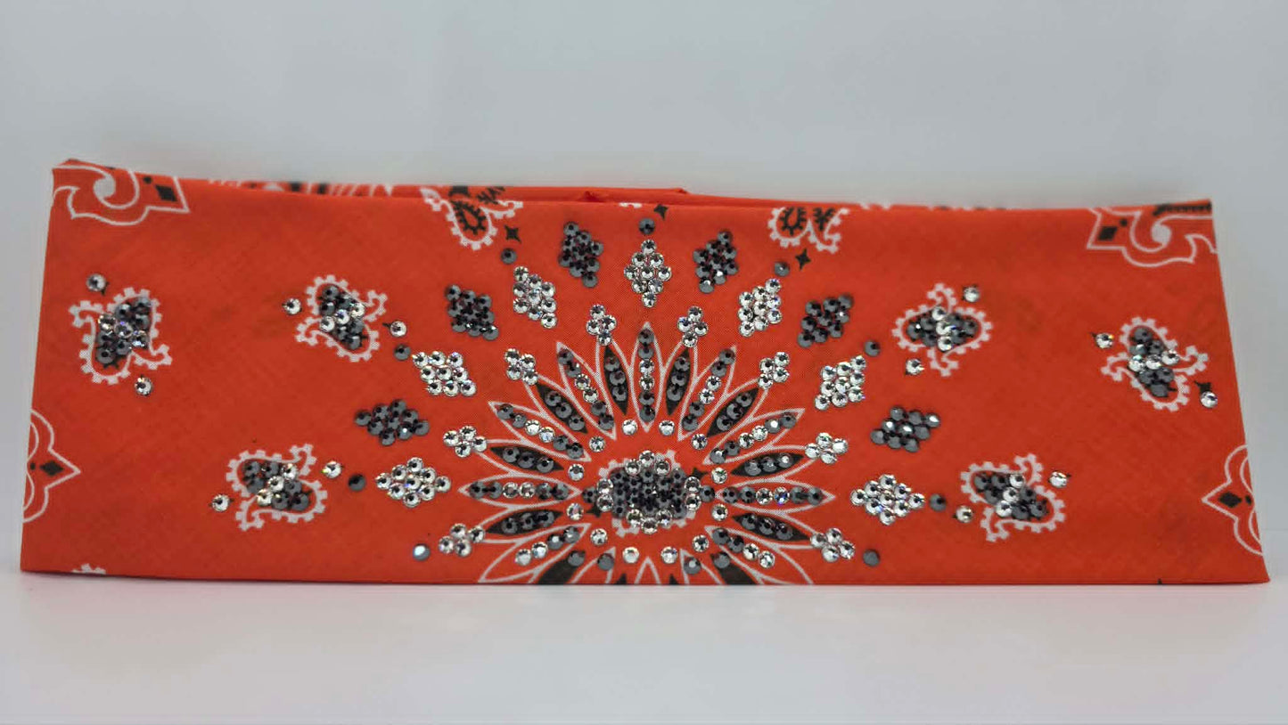 LeeAnnette Orange Paisley Bandana with Black and Diamond Clear Austrian Crystals (L40266)