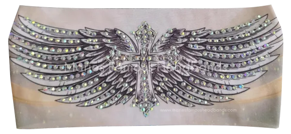 Stretchy Headband Cross and Wings with Aurora Borealis Crystals (Sku5484)