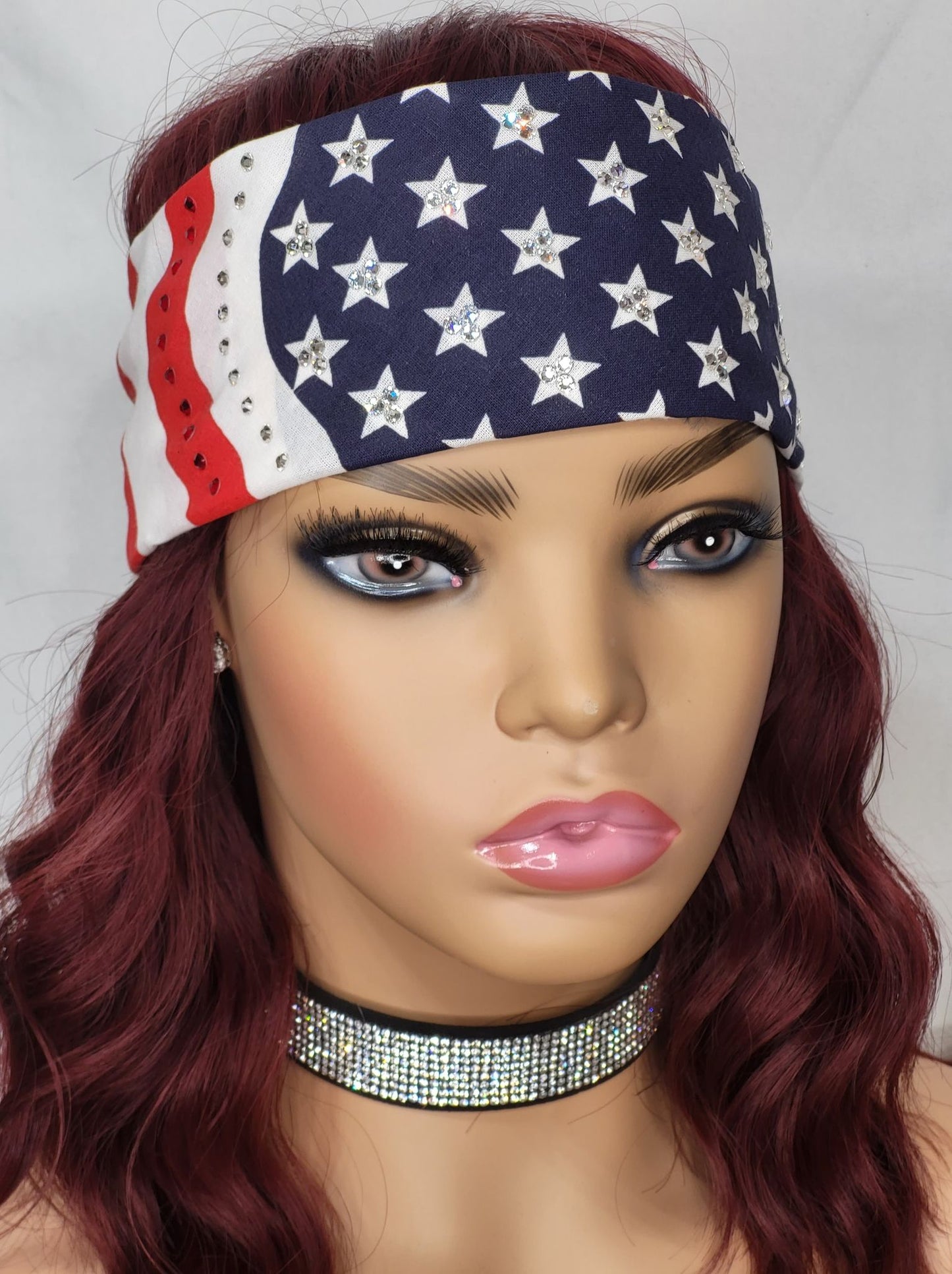 American Flag Bandana with Red and Diamond Clear Austrian Crystals (Sku1066)