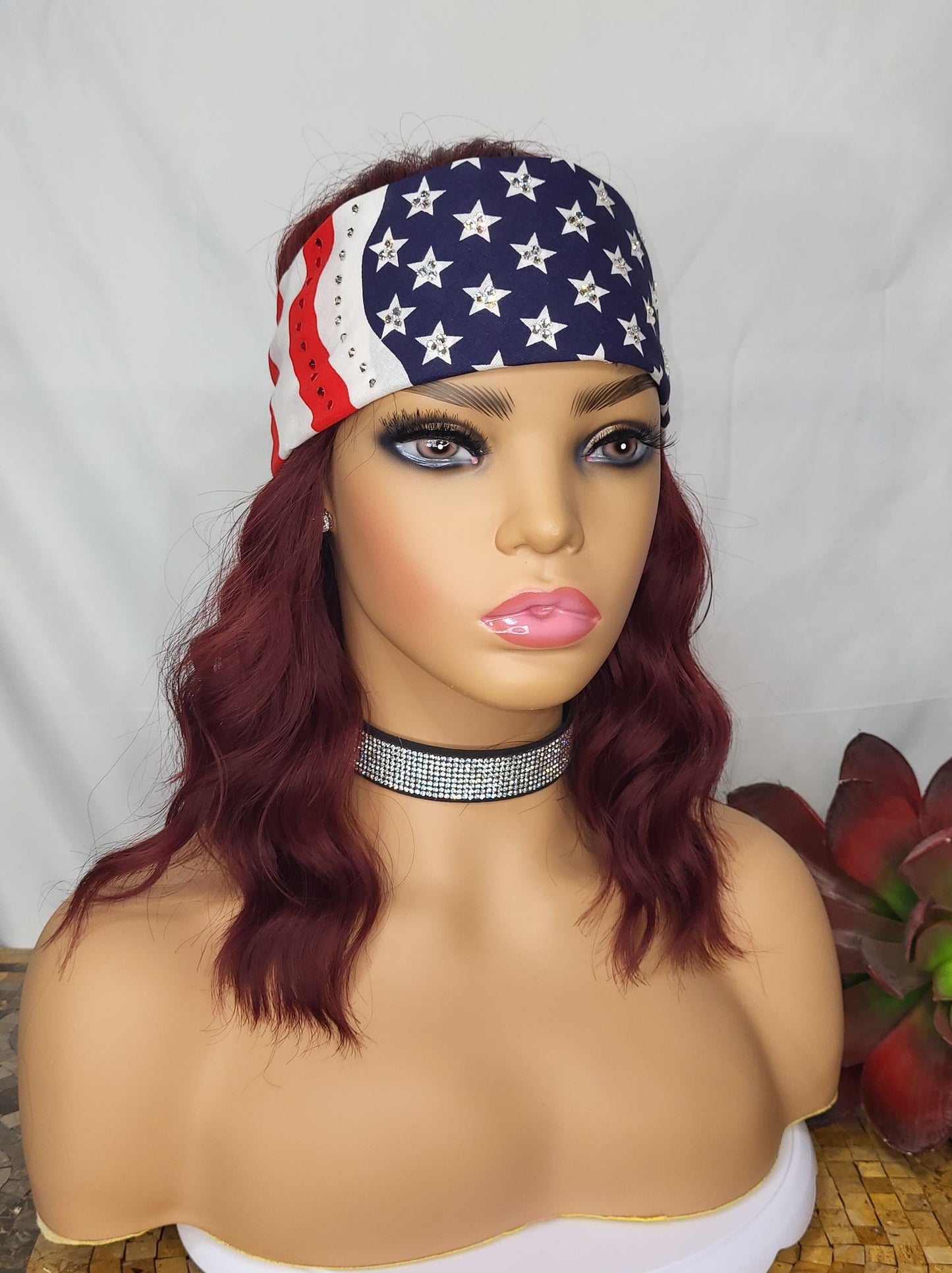 American Flag Bandana with Red and Diamond Clear Austrian Crystals (Sku1066)