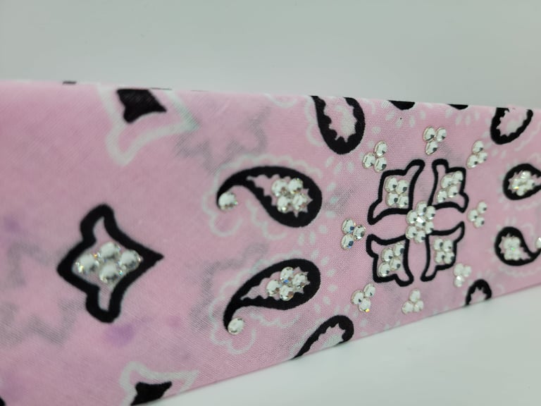 Narrow Light Pink Flower Paisley Bandana with Diamond Clear Austrian Crystals (Sku1457)