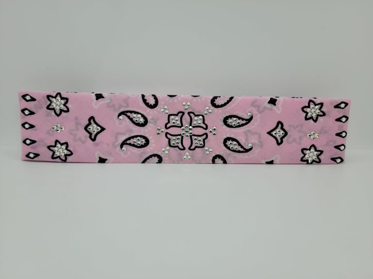 Narrow Light Pink Flower Paisley Bandana with Diamond Clear Austrian Crystals (Sku1457)