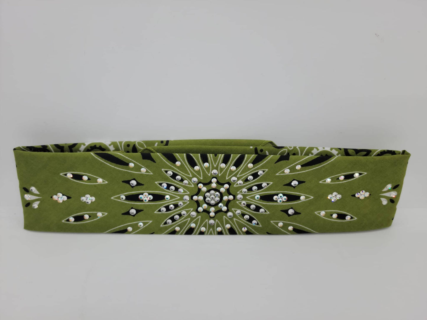 Narrow Olive Green with Aurora Borealis and Diamond Clear Austrian Crystals (Sku1460)