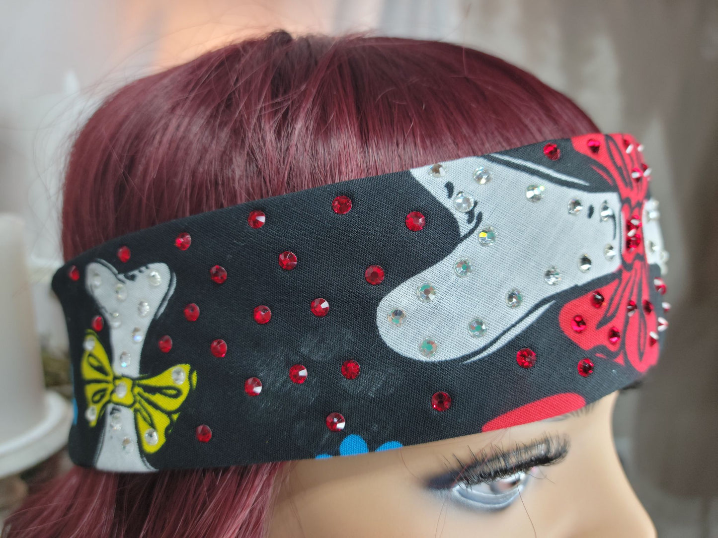 Narrow Dog Bones on Black with Red and Diamond Clear Austrian Crystals (Sku1469)
