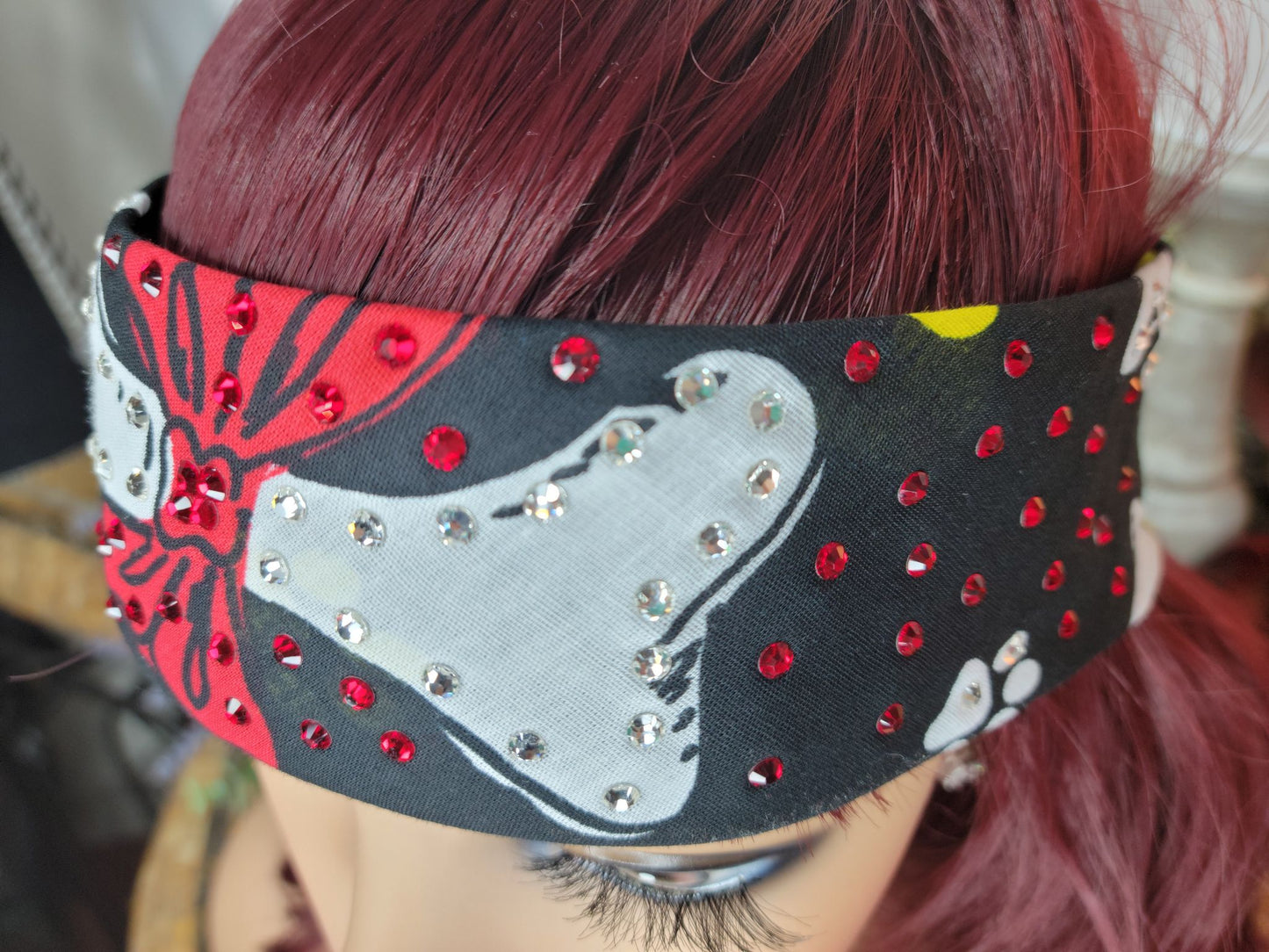 Narrow Dog Bones on Black with Red and Diamond Clear Austrian Crystals (Sku1469)
