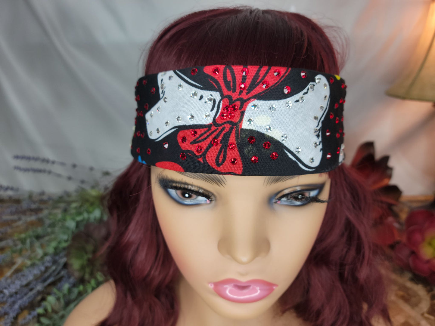 Narrow Dog Bones on Black with Red and Diamond Clear Austrian Crystals (Sku1469)